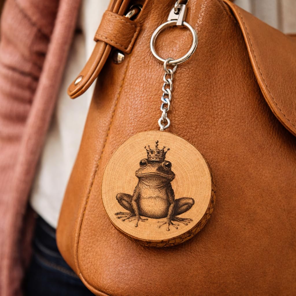 Frosch mit Krone Lasergravierter Holz Schlüsselanhänger