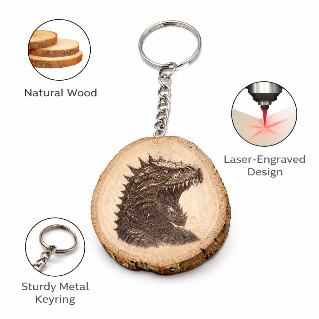 Promotech Godzilla Holz Schlüsselanhänger – Handgefertigt, Lasergraviert, Einzigartiges Design, Geschenkidee für Filmfans, Naturholz Anhänger für Schlüssel, Tasche & Rucksack
