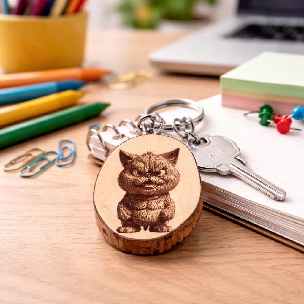 Angry Cartoon Cat Lasergravierter Holz Schlüsselanhänger