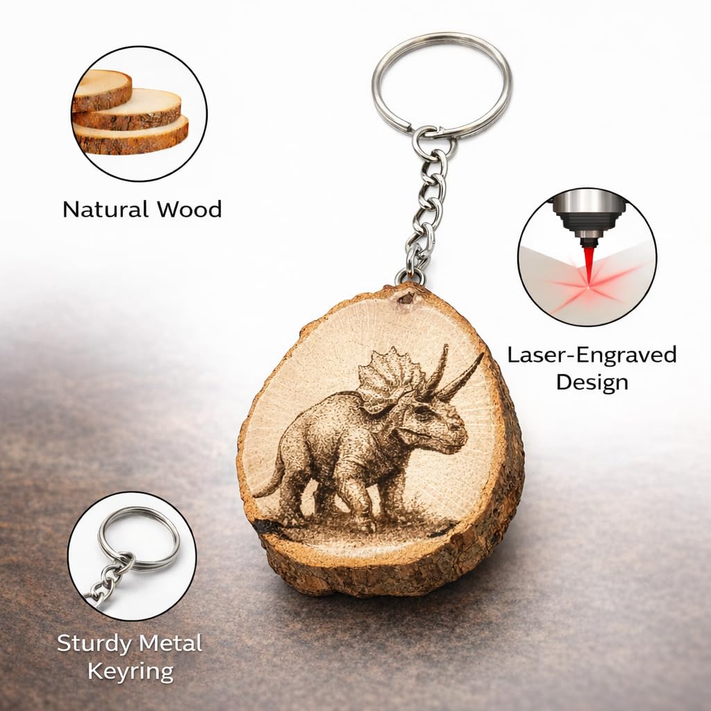 Triceratops Dinosaurier Lasergravierter Holz Schlüsselanhänger