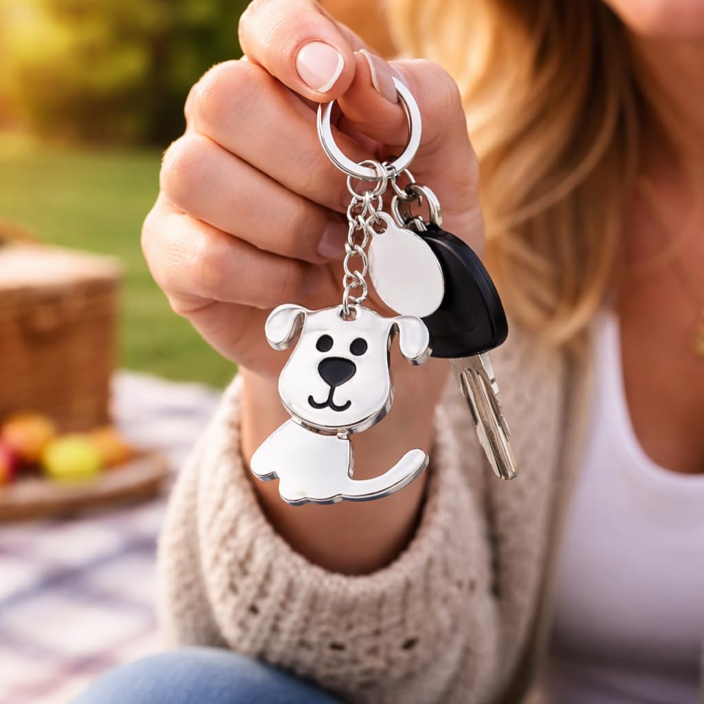 Promotech Hochwertiger Metall-Chrom Schlüsselanhänger - Lächelnder Welpen-Design Happy Dog - für Hundefreunde und Tierliebhaber