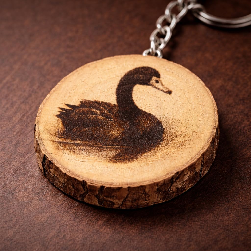 Promotech Schwarzer Schwan Handgefertigter Lasergravierter Holz-Schlüsselanhänger – Einzigartiger Naturholz-Schlüsselring für Tierliebhaber & Symbol der Eleganz
