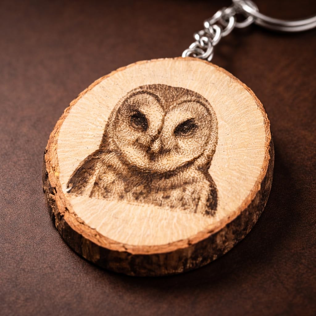 Promotech Schleiereule Greifvogel Handgefertigter Lasergravierter Holz-Schlüsselanhänger – Einzigartiger Naturholz-Schlüsselring für Tierliebhaber & Eulenfreunde