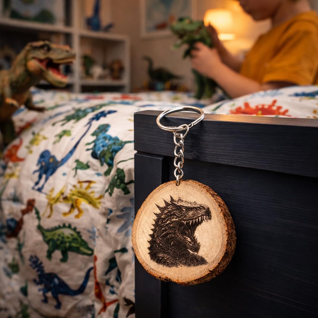 Promotech Godzilla Holz Schlüsselanhänger – Handgefertigt, Lasergraviert, Einzigartiges Design, Geschenkidee für Filmfans, Naturholz Anhänger für Schlüssel, Tasche & Rucksack
