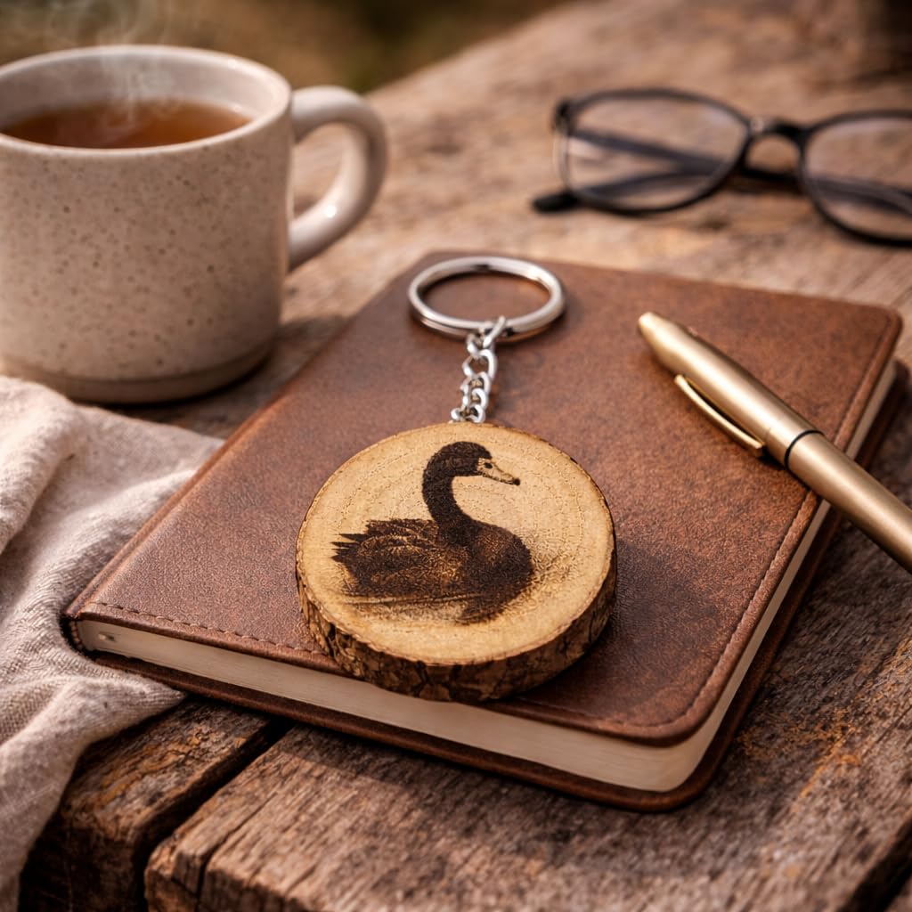 Promotech Schwarzer Schwan Handgefertigter Lasergravierter Holz-Schlüsselanhänger – Einzigartiger Naturholz-Schlüsselring für Tierliebhaber & Symbol der Eleganz