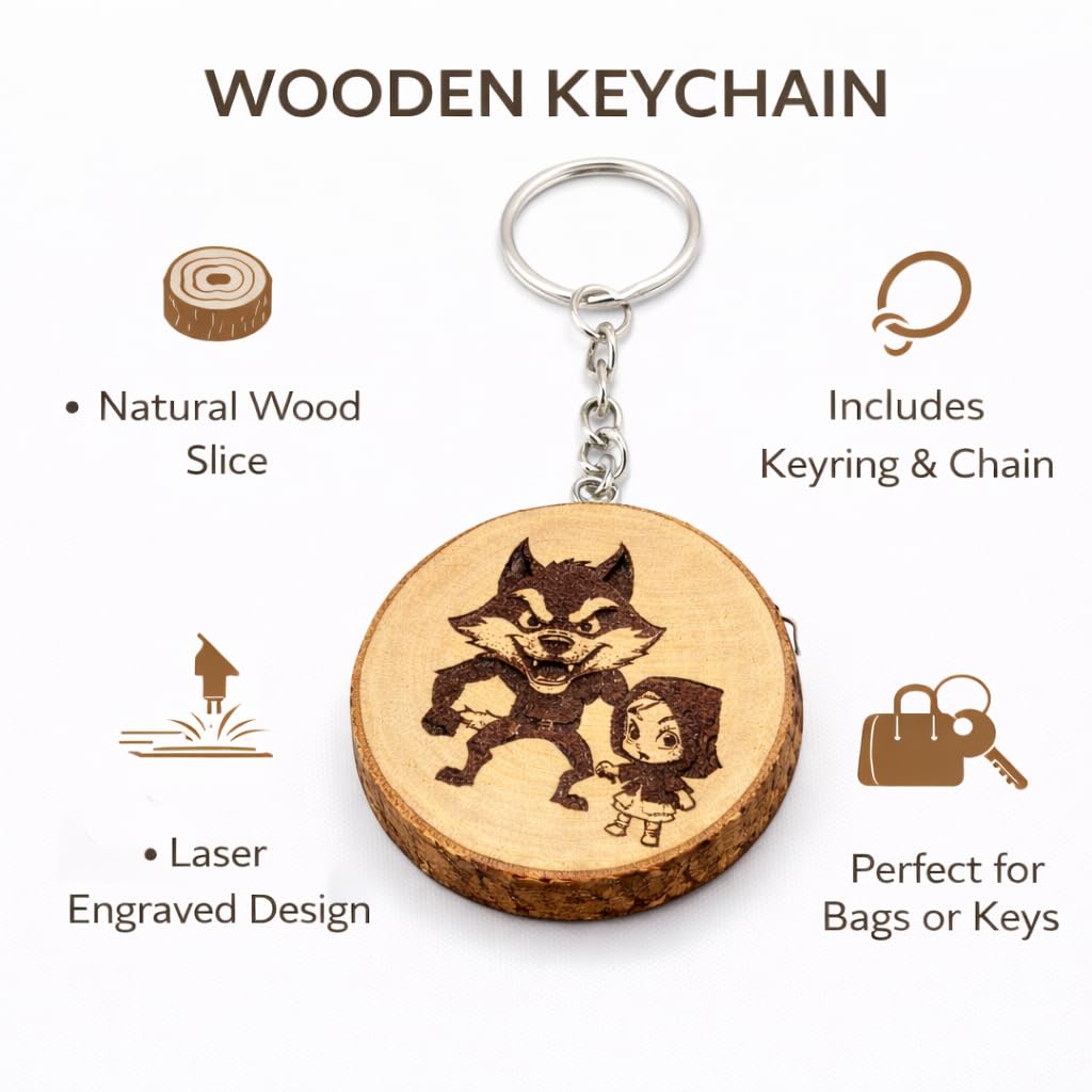 Rotkäppchen und der böse Wolf Lasergravierter Holz Schlüsselanhänger