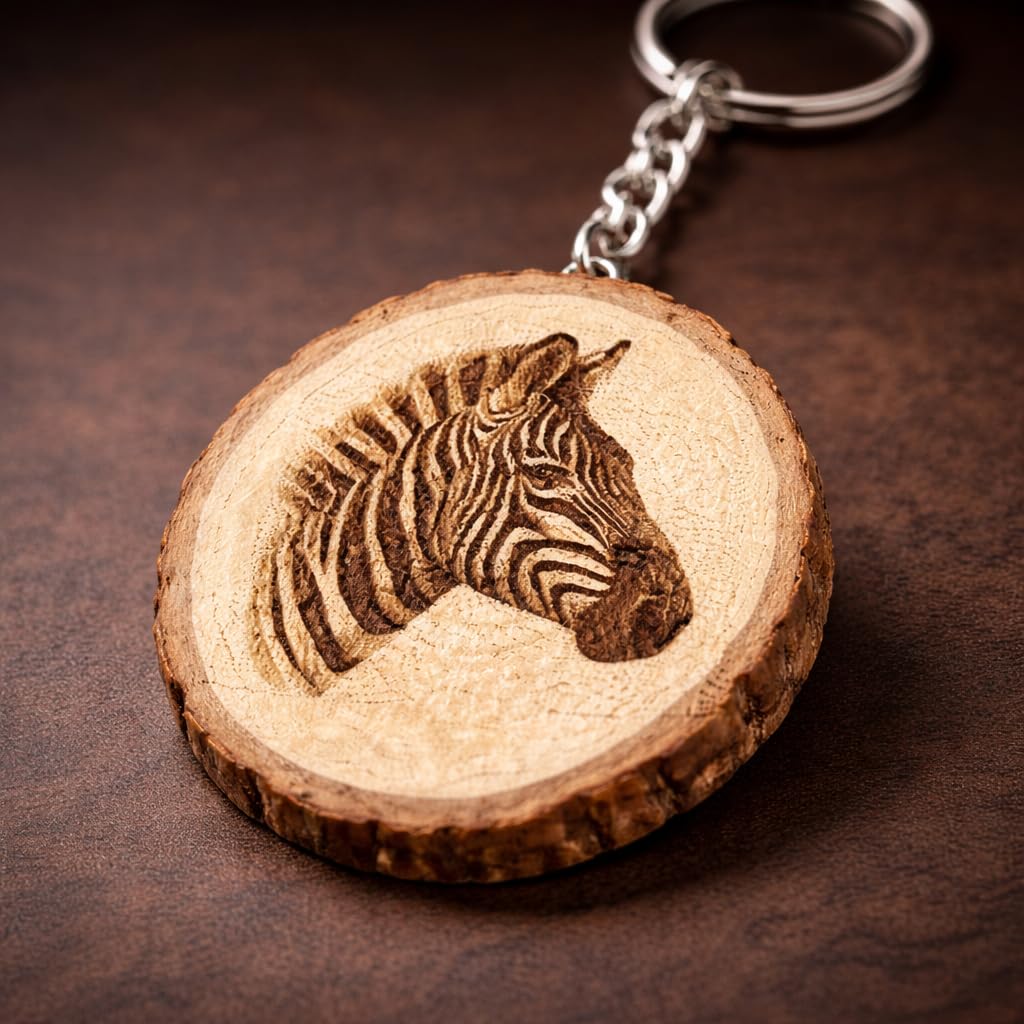Promotech Majestätisches Zebra Handgefertigter Lasergravierter Einzelstück Schlüsselanhänger aus Holz – Tiermotiv, Naturholz, Geschenkidee für Safari- und Tierliebhaber