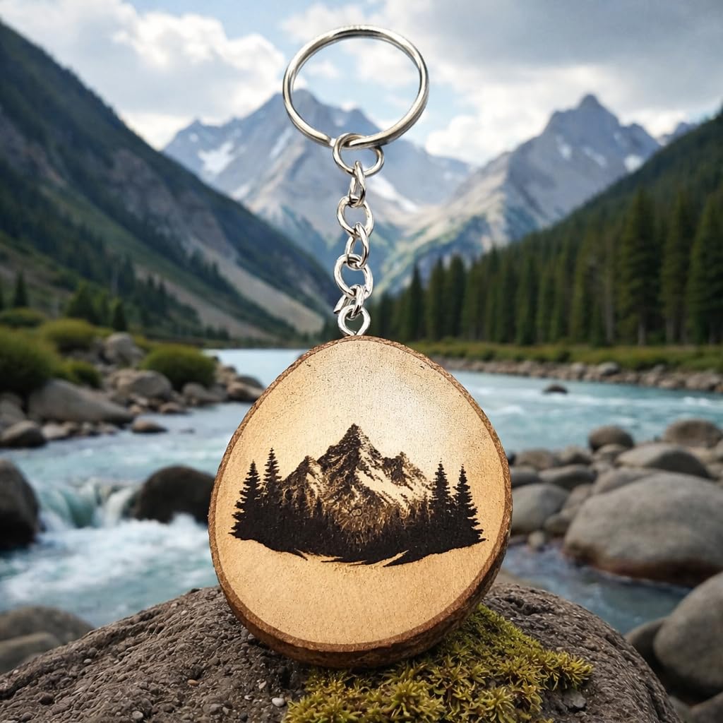 Berglandschaft mit Baum Lasergravierter Holz Schlüsselanhänger