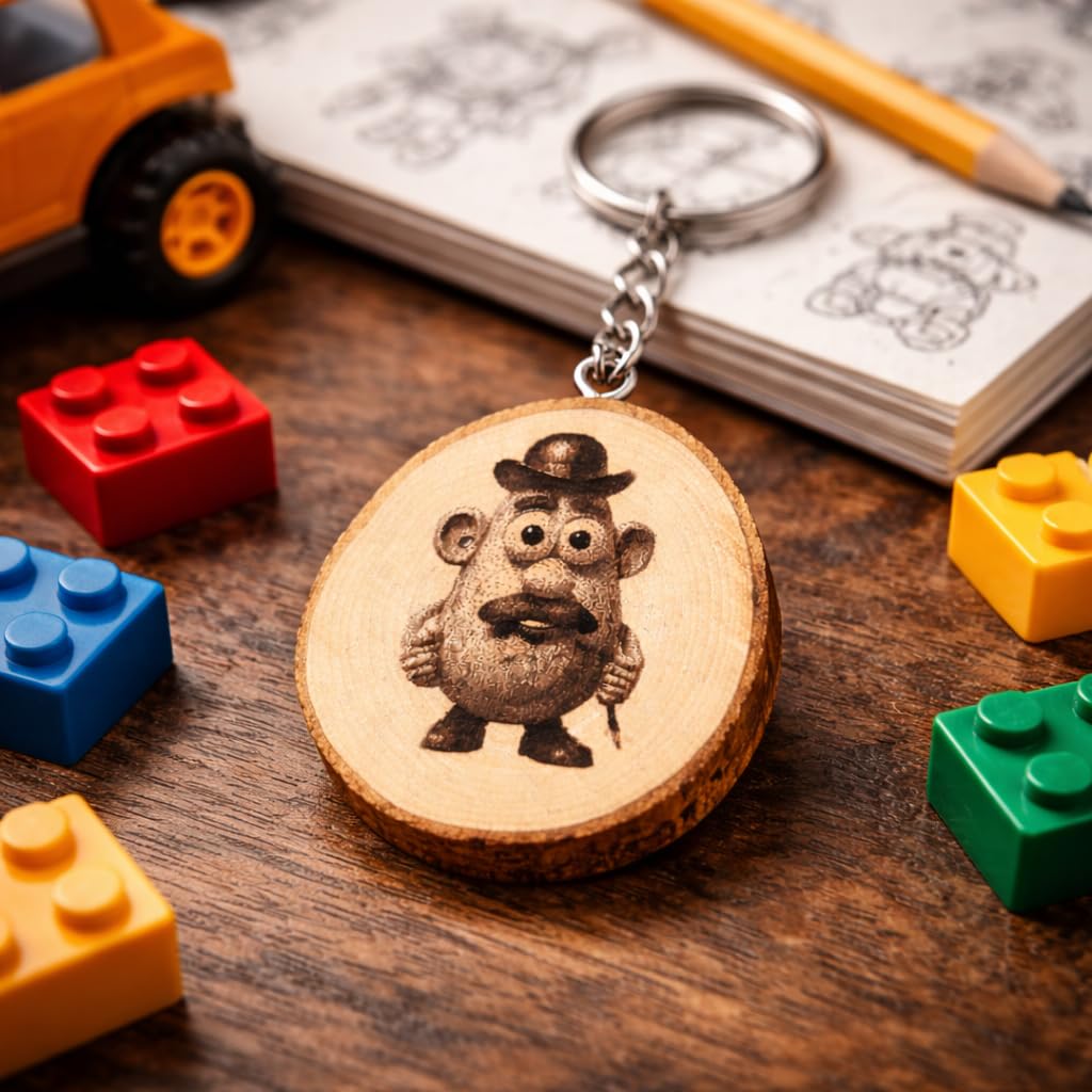 Kartoffelmann Cartoon Lasergravierter Holz Schlüsselanhänger