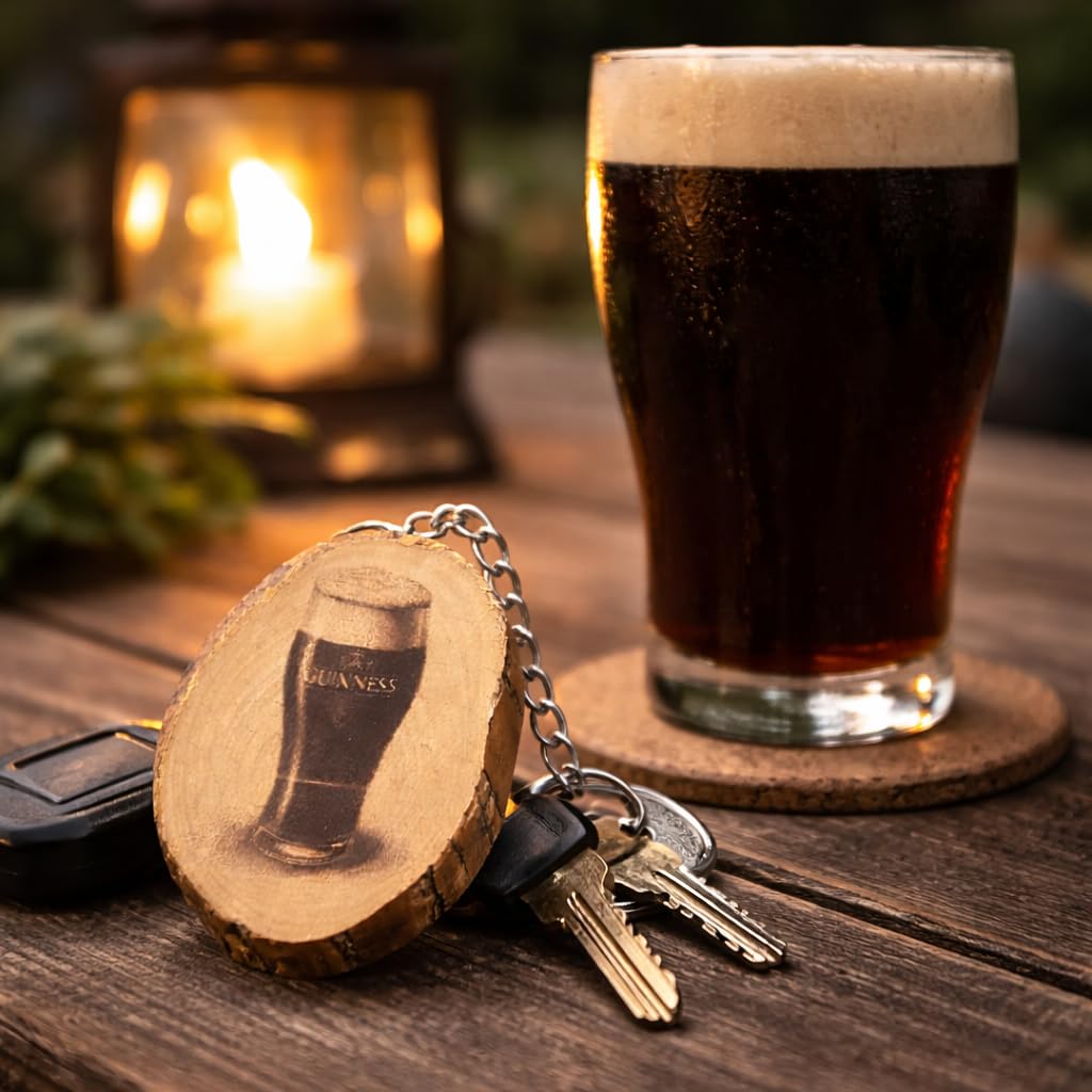 Promotech Irish Stout Bier Handgefertigter Lasergravierter Einzelstück Schlüsselanhänger aus Holz – Biermotiv, Naturholz, Geschenkidee für Bierliebhaber und Irland-Fans