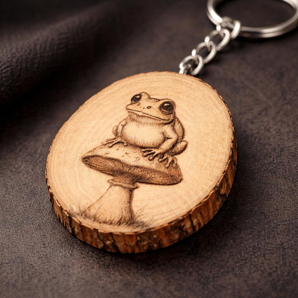 Frosch auf Fliegenpilz Lasergravierter Holz Schlüsselanhänger