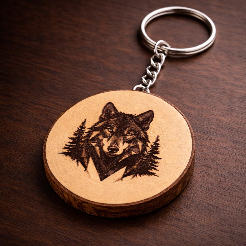 Wolf im geometrischen Design Lasergravierter Holz Schlüsselanhänger