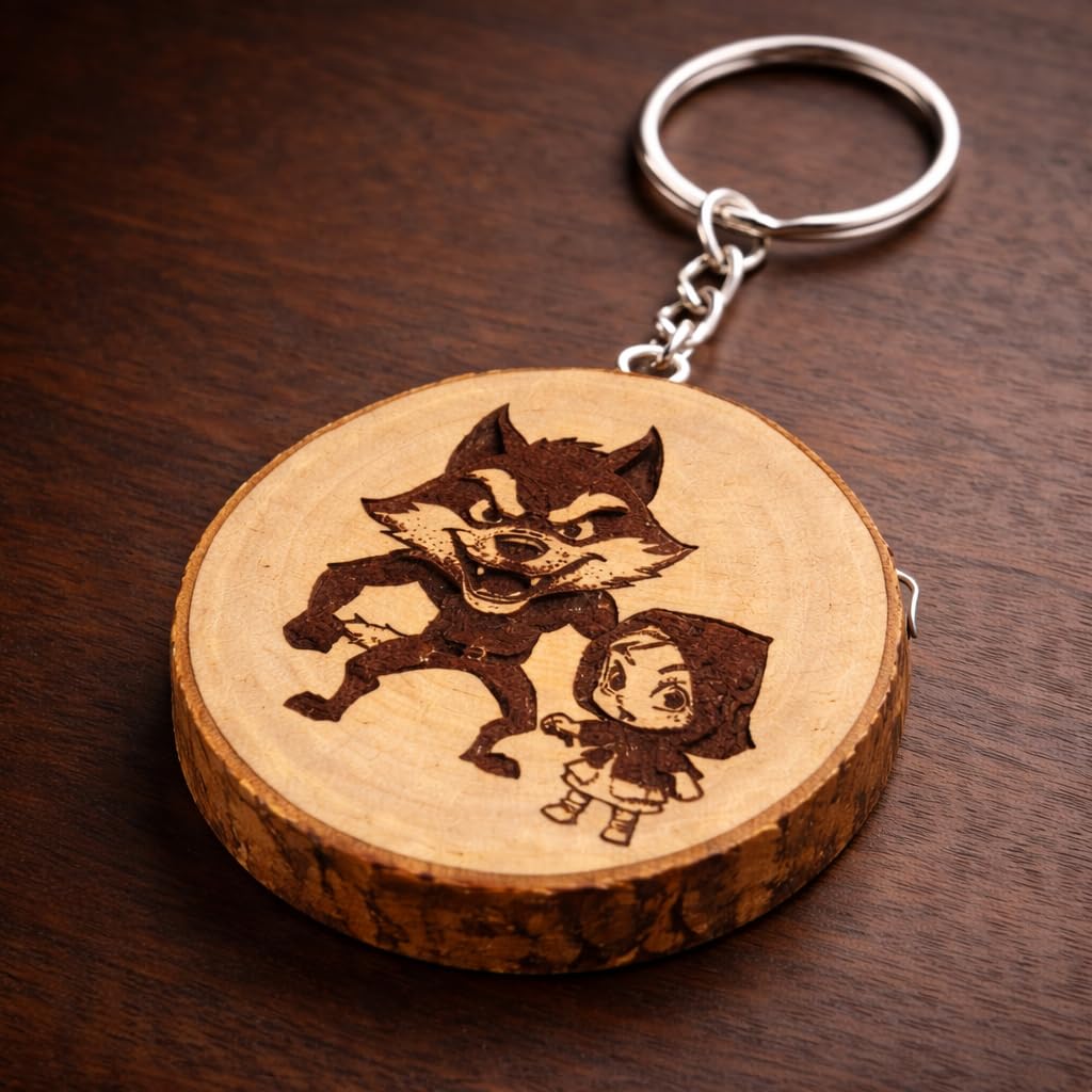 Rotkäppchen und der böse Wolf Lasergravierter Holz Schlüsselanhänger