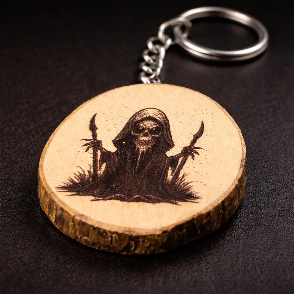 Promotech Sensenmann Grim Reaper Handgefertigter Lasergravierter Einzelstück Schlüsselanhänger aus Holz – Düsteres Design für Fans von Horror & Gothic
