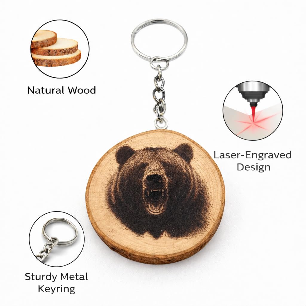 Grizzlybär Lasergravierter Holz Schlüsselanhänger