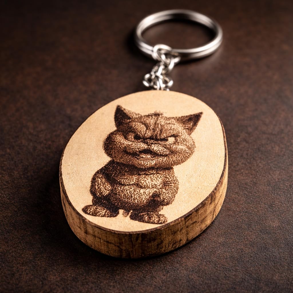 Angry Cartoon Cat Lasergravierter Holz Schlüsselanhänger