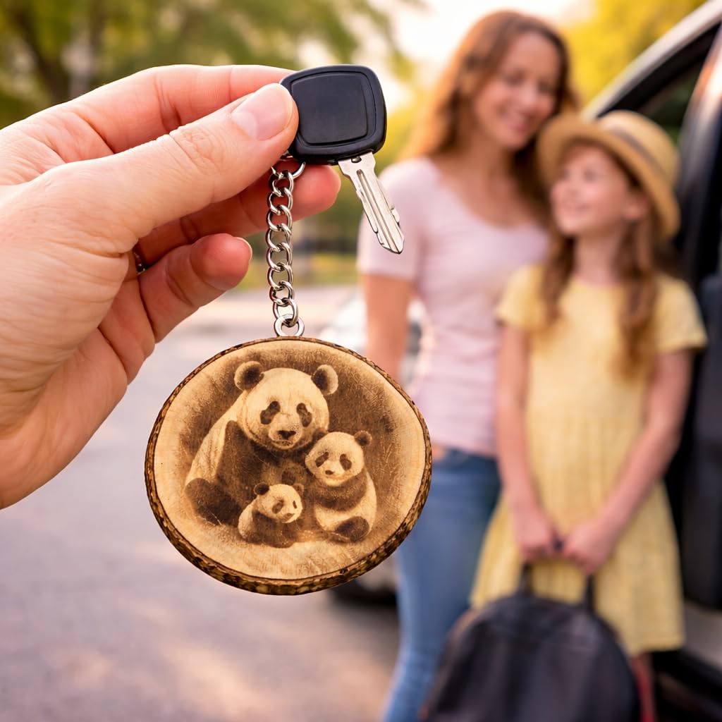 Promotech Panda Familie Handgefertigter Lasergravierter Holz-Schlüsselanhänger – Einzigartiger Naturholz-Schlüsselring für Tierliebhaber & Symbol für Familie und Zusammenhalt
