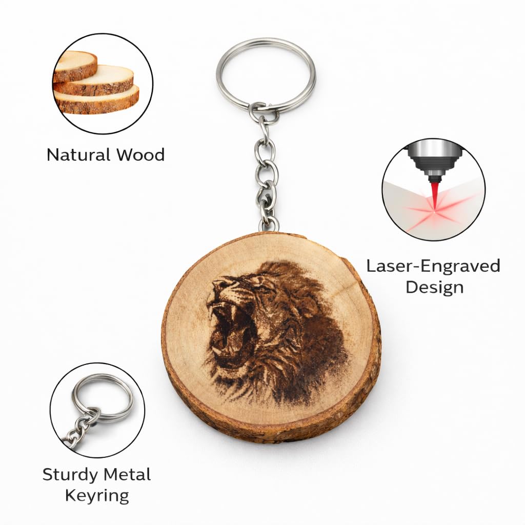 Portachiavi in legno con incisione laser leone ruggente