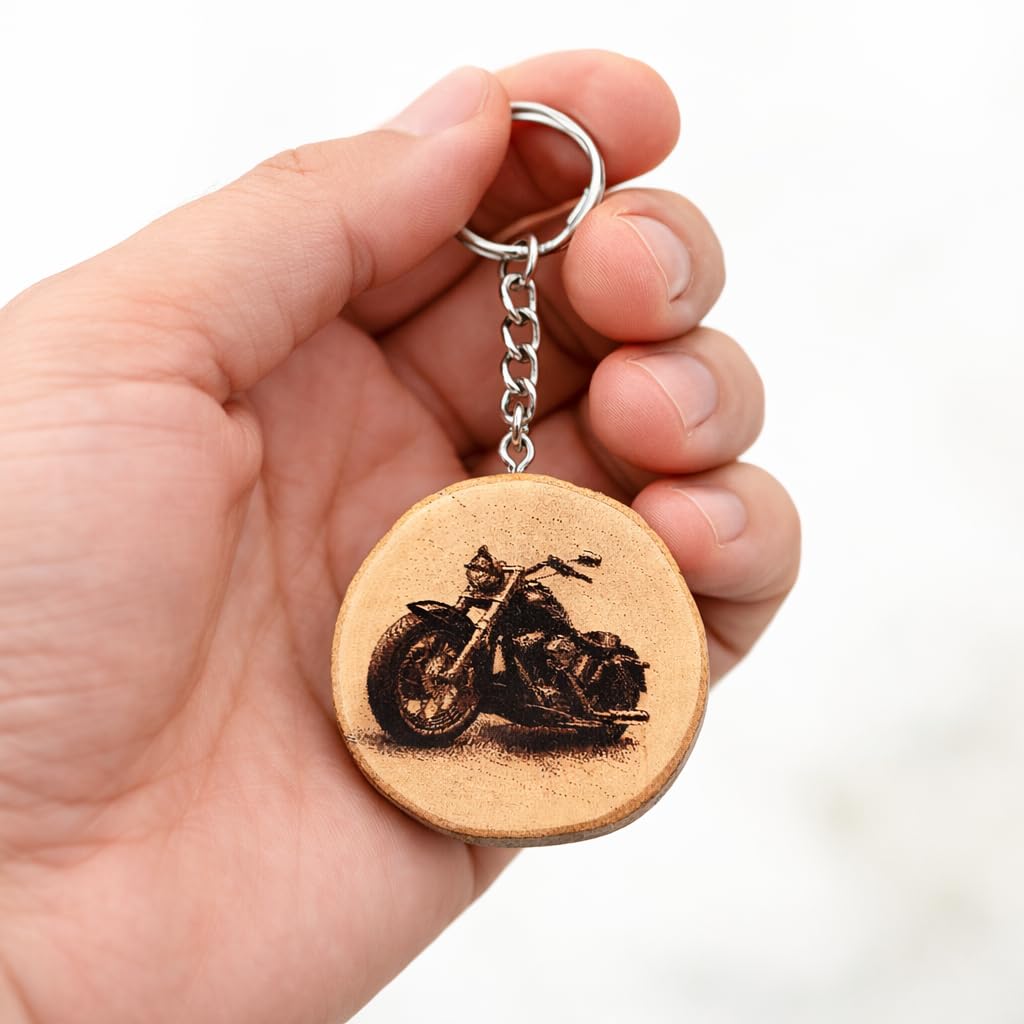 Promotech Harley Motorrad Schlüsselanhänger – Handgefertigter Holz-Anhänger mit Lasergravur – Robustes Accessoire für Motorradfans
