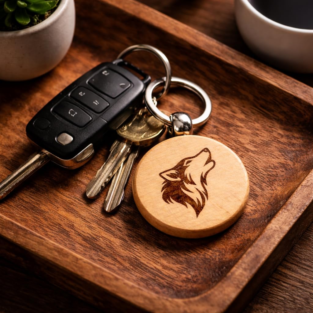 Minimaler Wolf Lasergravierter Holz Schlüsselanhänger