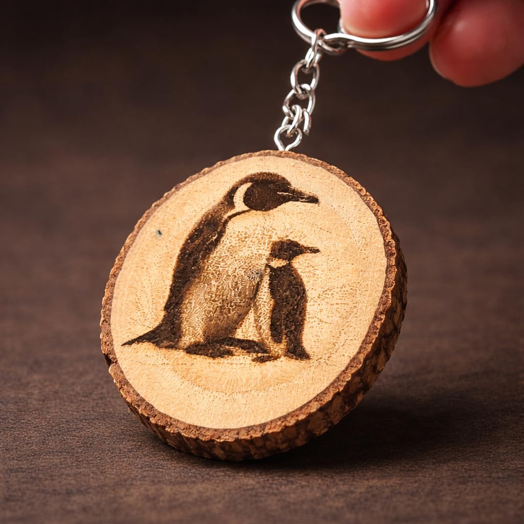 Promotech Kaiserpinguin Handgefertigter Lasergravierter Einzelstück Schlüsselanhänger aus Holz – Tiermotiv, Naturholz, Geschenkidee für Tierliebhaber und Naturliebhaber