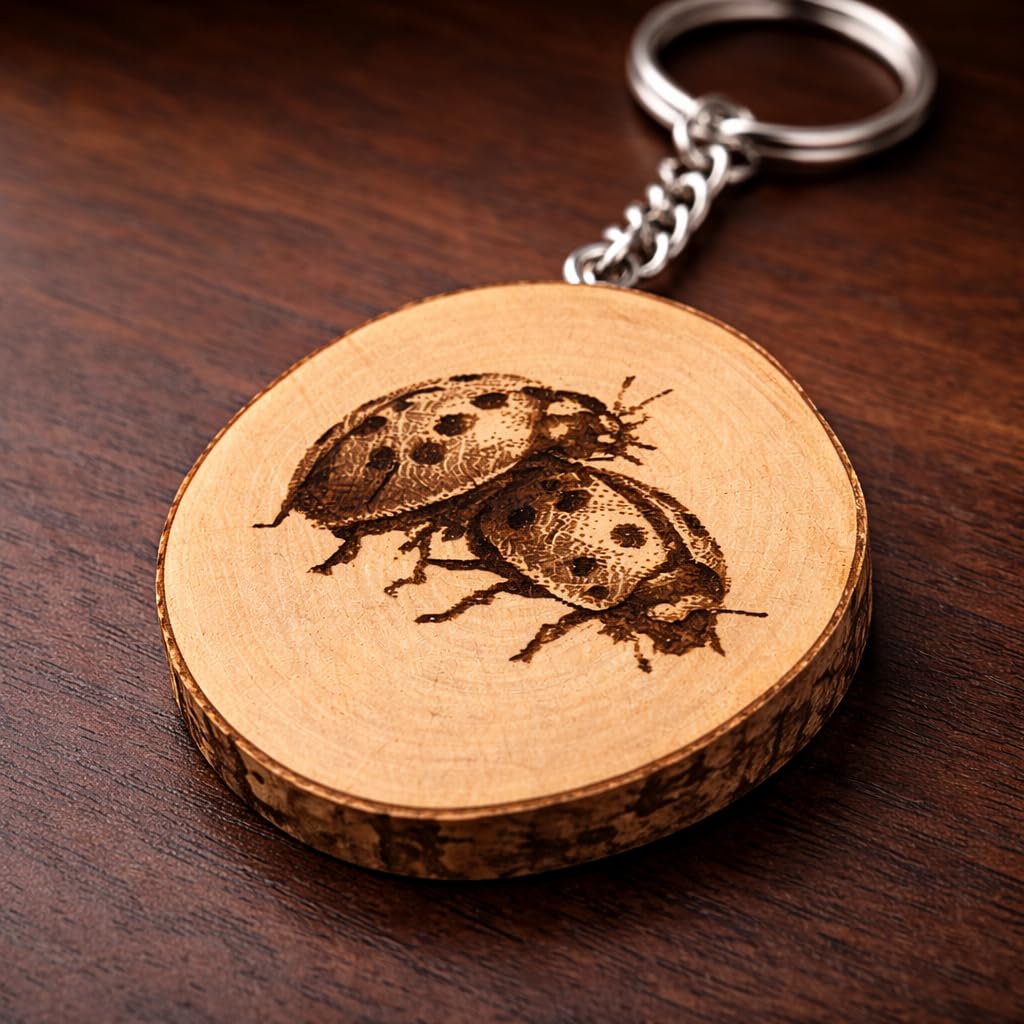 Promotech Marienkäfer Liebe Handgefertigter Lasergravierter Einzelstück Schlüsselanhänger aus Holz – Symbol für Glück und Zuneigung