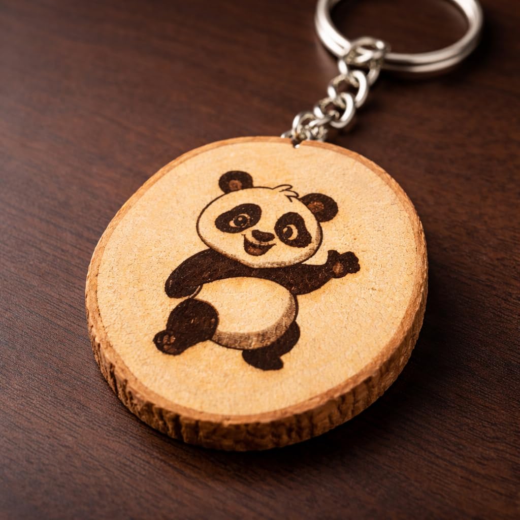 Panda tanzend Lasergravierter Holz Schlüsselanhänger