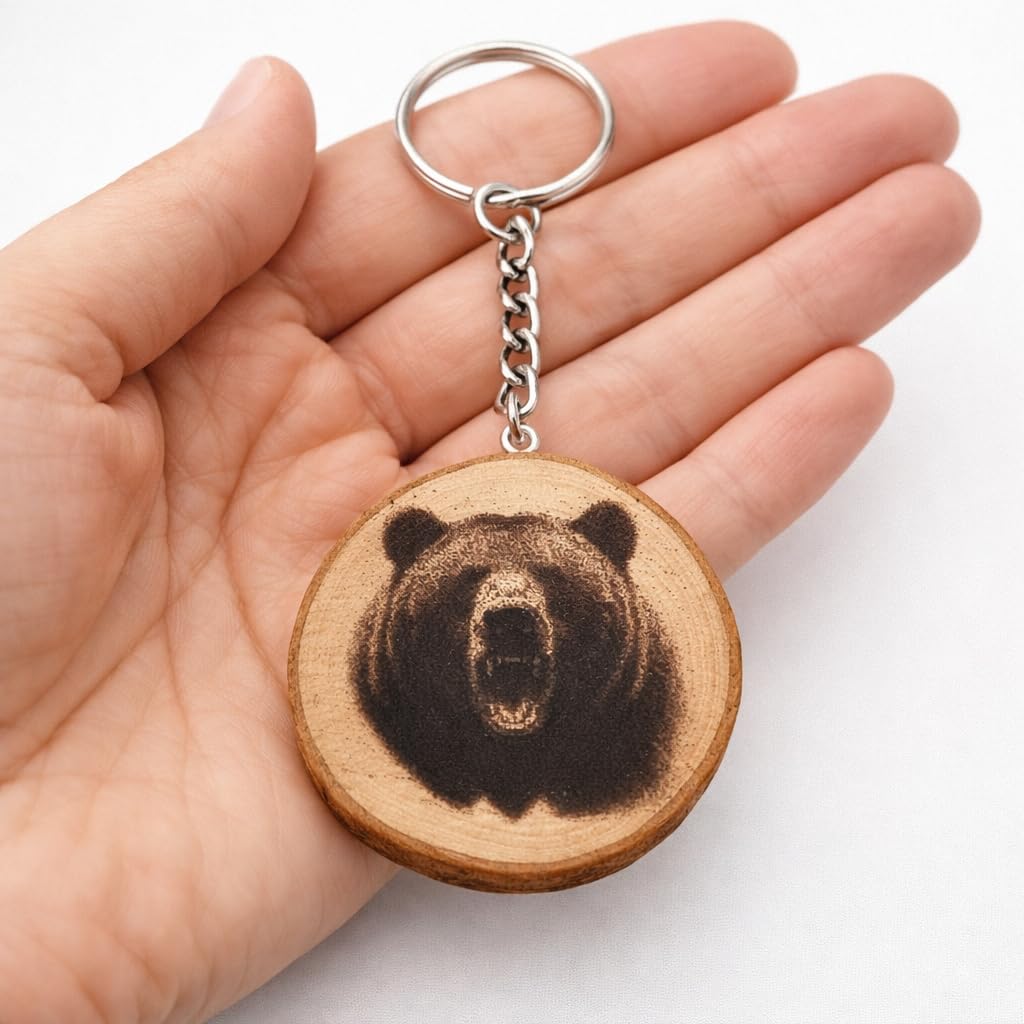 Grizzlybär Lasergravierter Holz Schlüsselanhänger