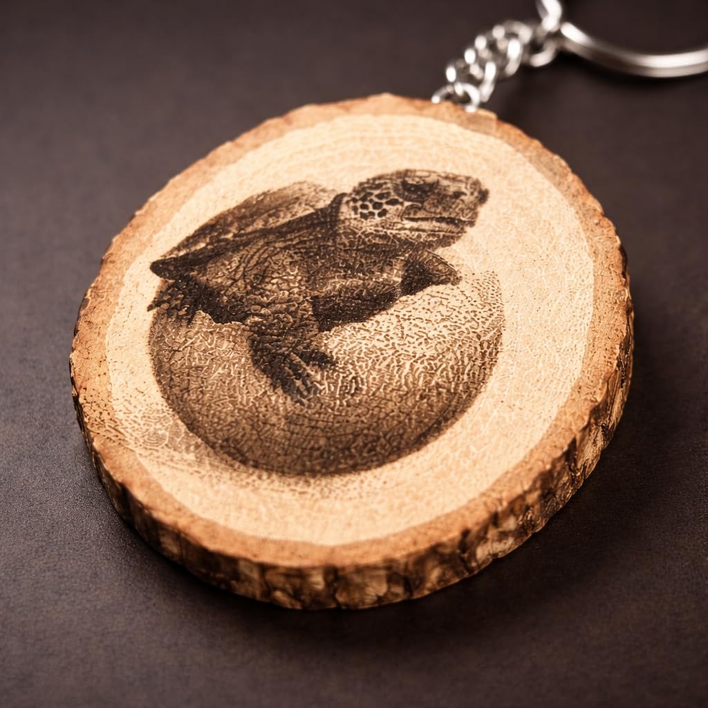 Promotech Schlüpfende Schildkröte – Handgefertigter, lasergravierter Einzelstück-Schlüsselanhänger aus Naturholz, Symbol für Leben & Neubeginn