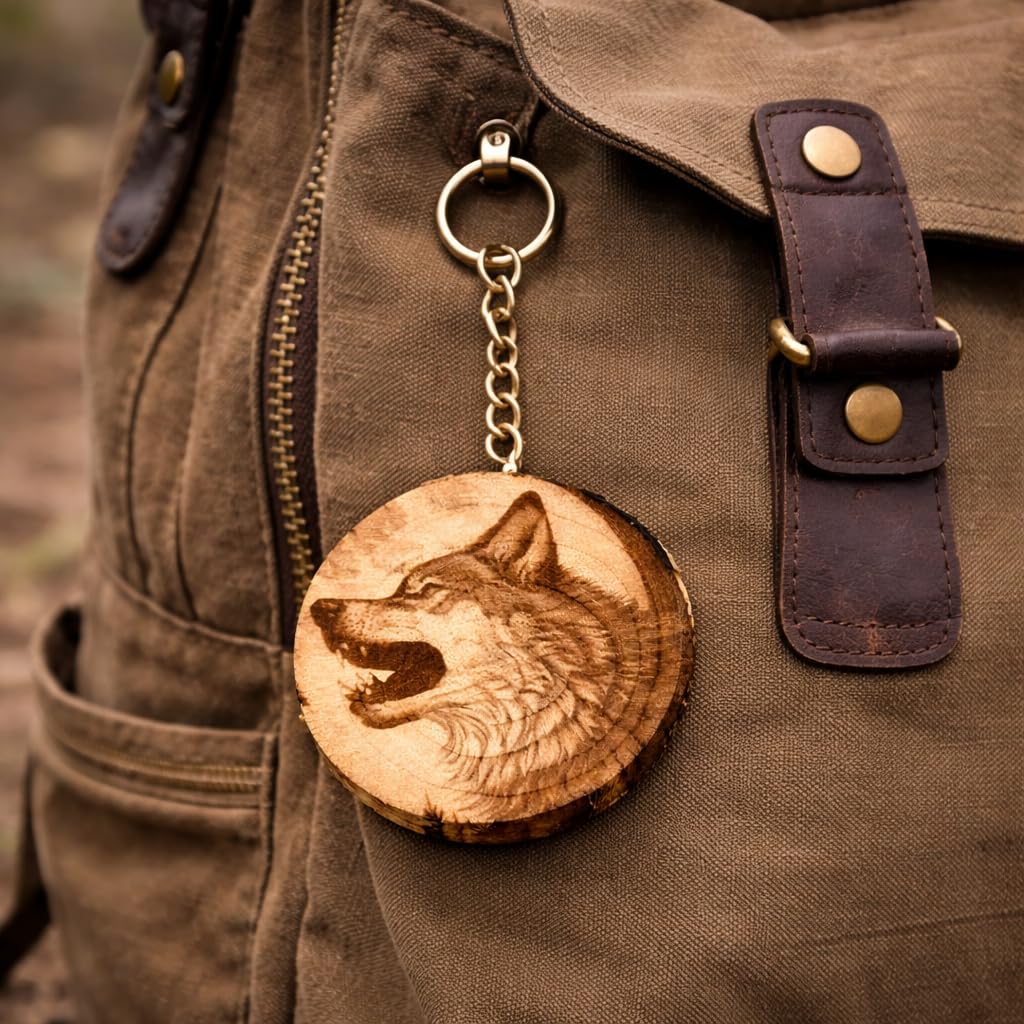 Wolf Lasergravierter Holz Schlüsselanhänger