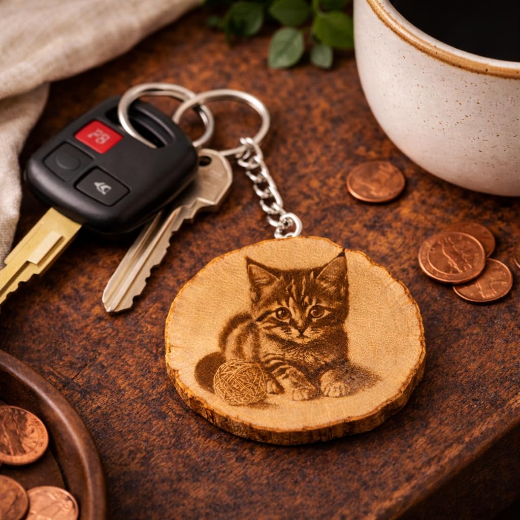 Katze Spielchen Lasergravierter Holz Schlüsselanhänger
