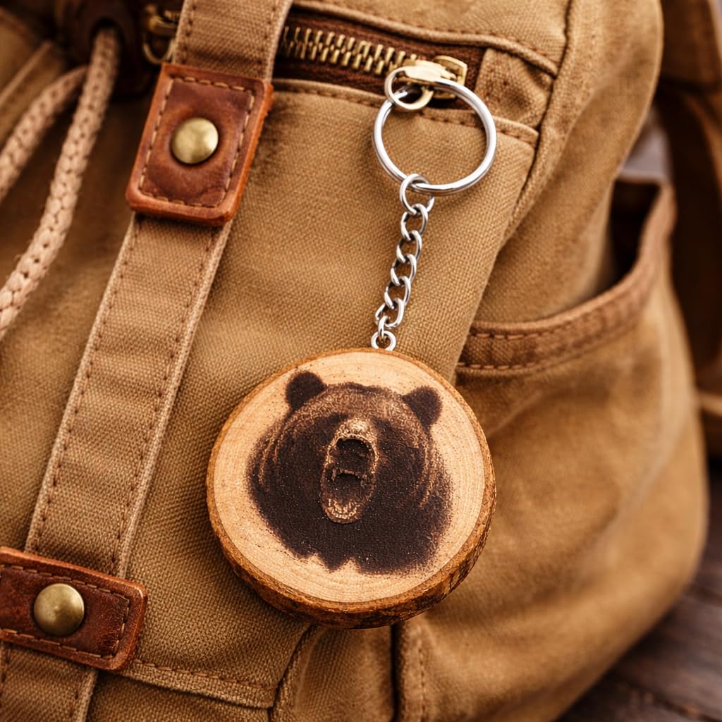 Grizzlybär Lasergravierter Holz Schlüsselanhänger