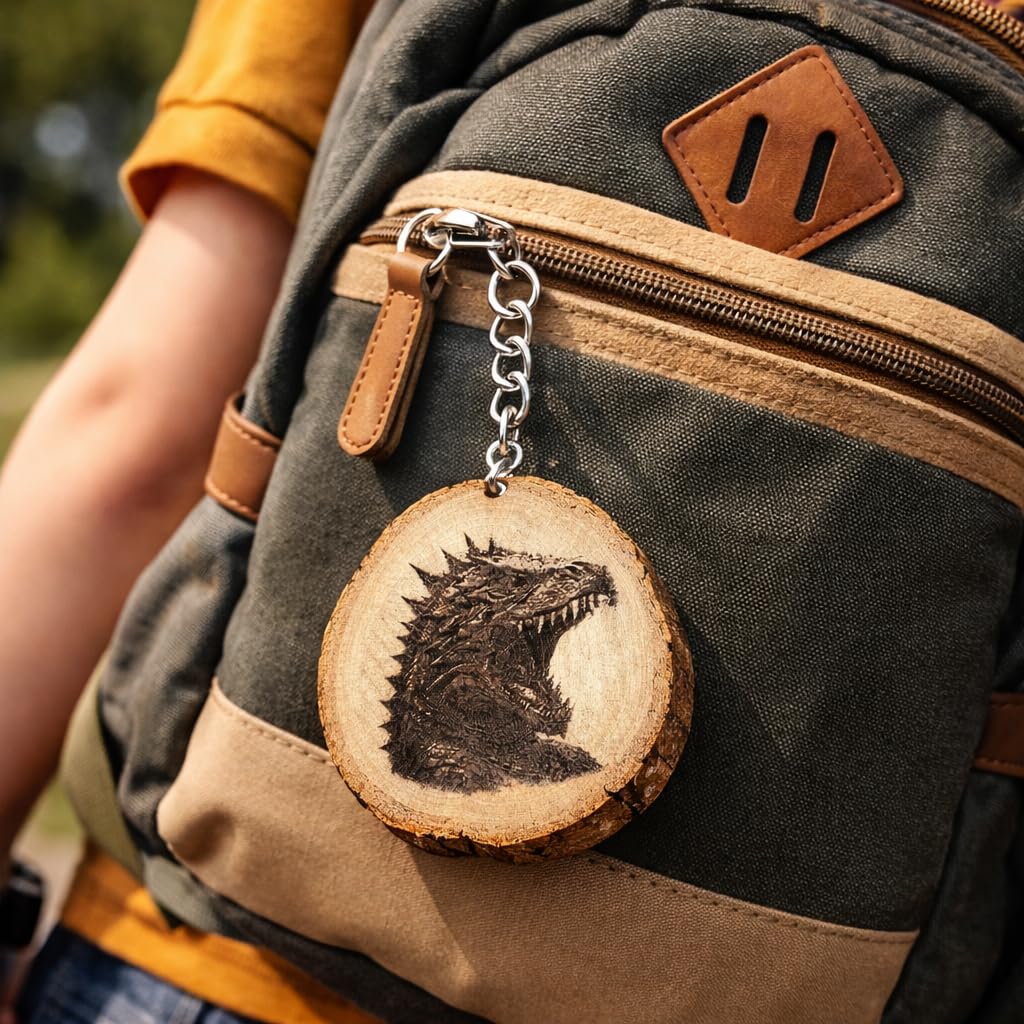 Promotech Godzilla Holz Schlüsselanhänger – Handgefertigt, Lasergraviert, Einzigartiges Design, Geschenkidee für Filmfans, Naturholz Anhänger für Schlüssel, Tasche & Rucksack