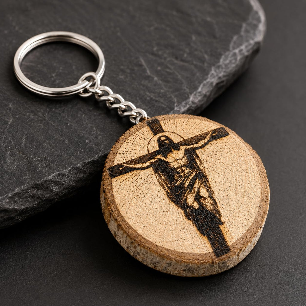 Kreuzigung Jesu Lasergravierter Holz Schlüsselanhänger