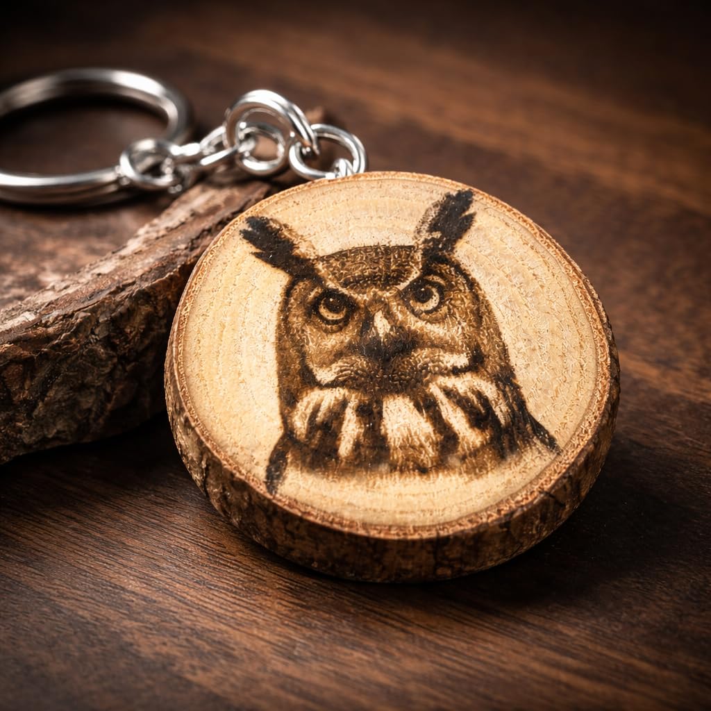 Gufo Reale Uccello Rapace Portachiavi in Legno Inciso a Laser