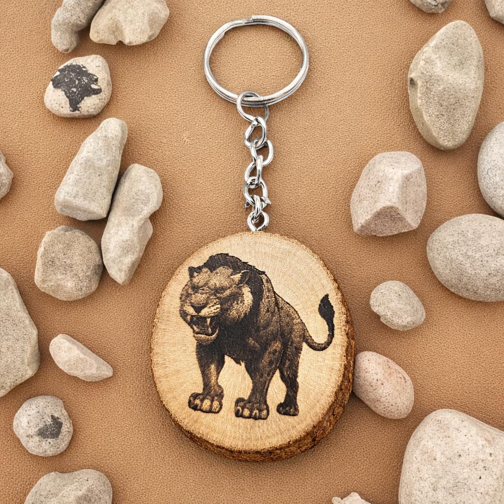 Säbelzahntiger Smilodon Lasergravierter Holz Schlüsselanhänger