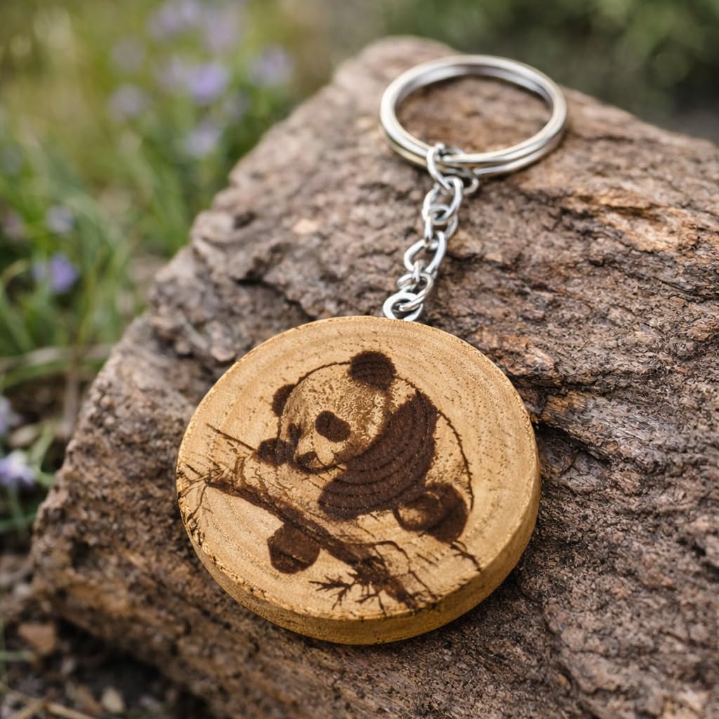 Promotech Sleeping Panda Handgefertigter Lasergravierter Einzelstück Schlüsselanhänger aus Holz – Süßes Tiermotiv, Naturholz, Geschenkidee für Panda- und Tierliebhaber