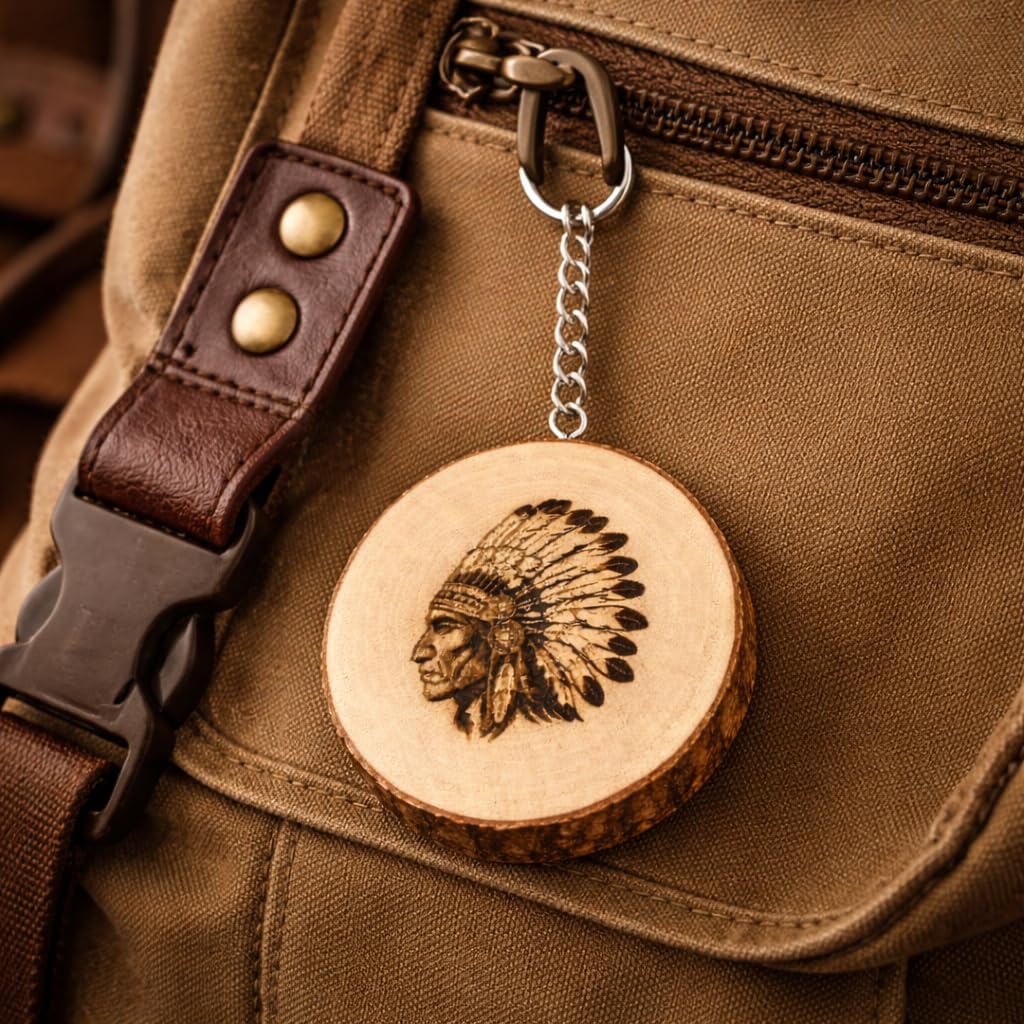 Indianer Häuptling Lasergravierter Holz Schlüsselanhänger