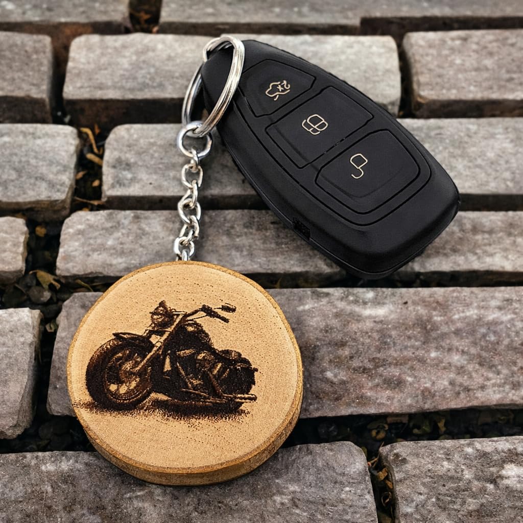 Promotech Harley Motorrad Schlüsselanhänger – Handgefertigter Holz-Anhänger mit Lasergravur – Robustes Accessoire für Motorradfans