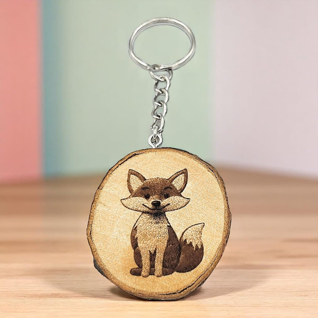 Fröhlicher Fuchs Lasergravierter Holz Schlüsselanhänger