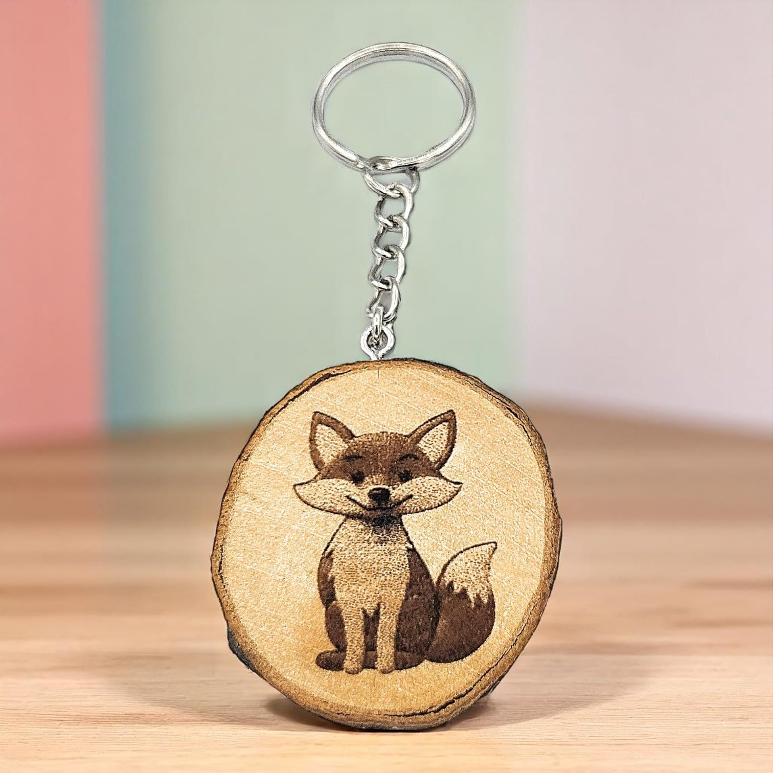 Fröhlicher Fuchs Lasergravierter Holz Schlüsselanhänger