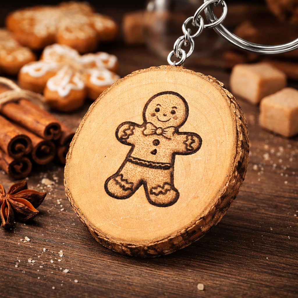 Lebkuchenmann Gingerbreadman mit Lasergravur Lasergravierter Holz Schlüsselanhänger