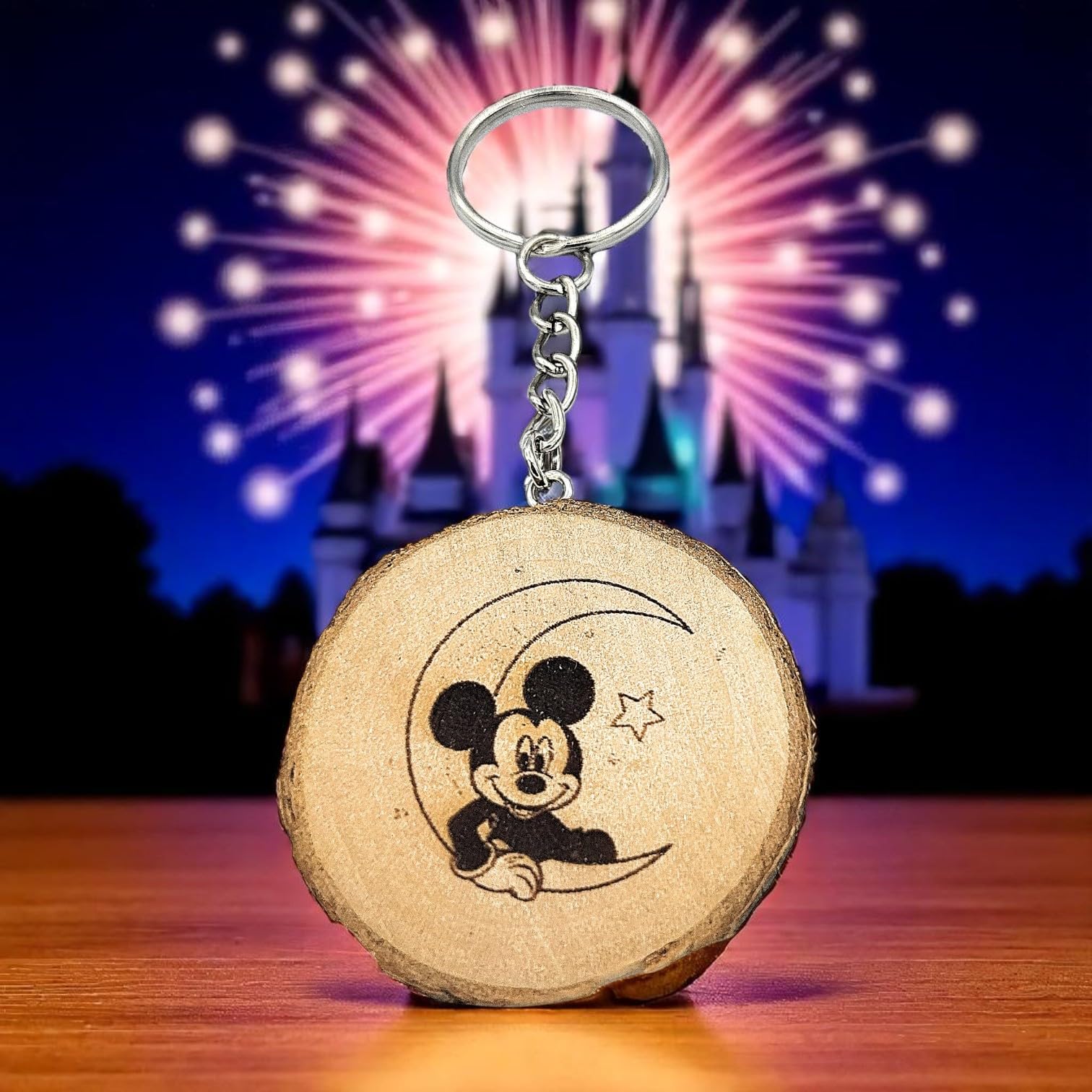 „Maus auf dem Mond“ Lasergravierter Holz Schlüsselanhänger