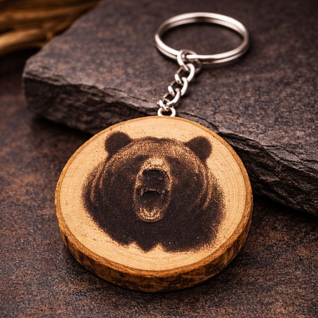 Grizzlybär Lasergravierter Holz Schlüsselanhänger