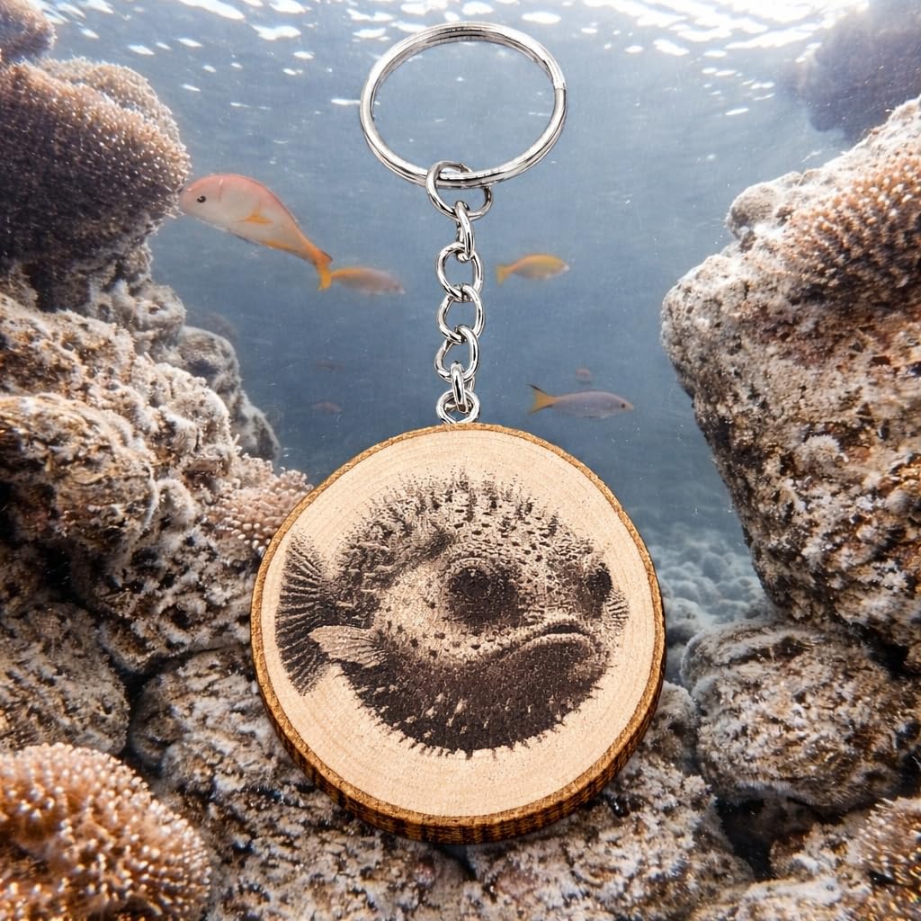 Promotech Kugelfisch Handgefertigter Lasergravierter Einzelstück Schlüsselanhänger aus Holz – Originelles Meeresmotiv für Tierliebhaber