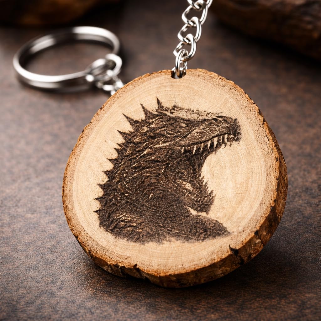Promotech Godzilla Holz Schlüsselanhänger – Handgefertigt, Lasergraviert, Einzigartiges Design, Geschenkidee für Filmfans, Naturholz Anhänger für Schlüssel, Tasche & Rucksack