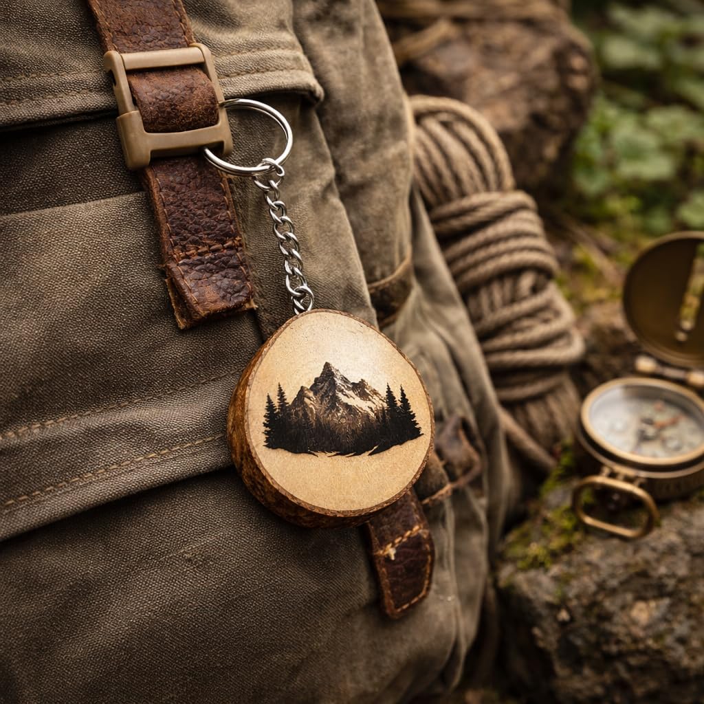 Berglandschaft mit Baum Lasergravierter Holz Schlüsselanhänger
