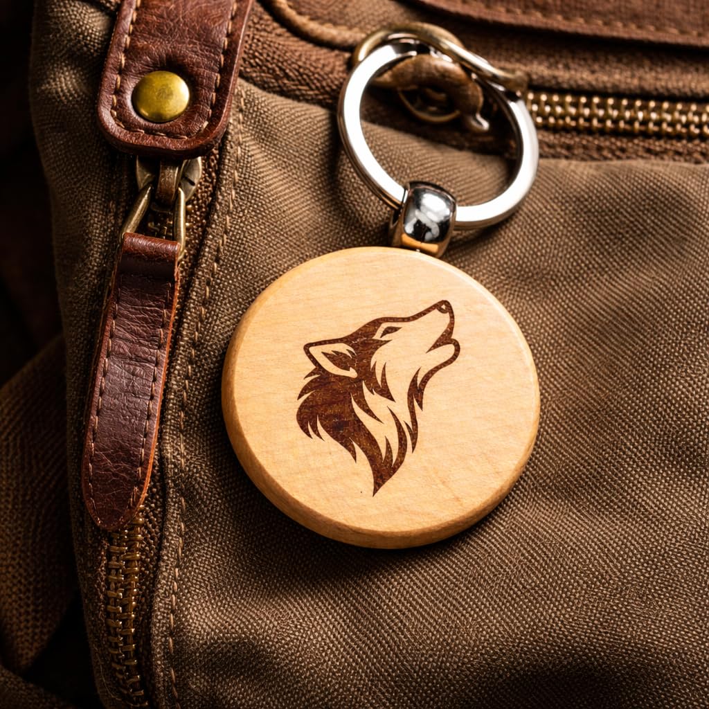 Minimaler Wolf Lasergravierter Holz Schlüsselanhänger