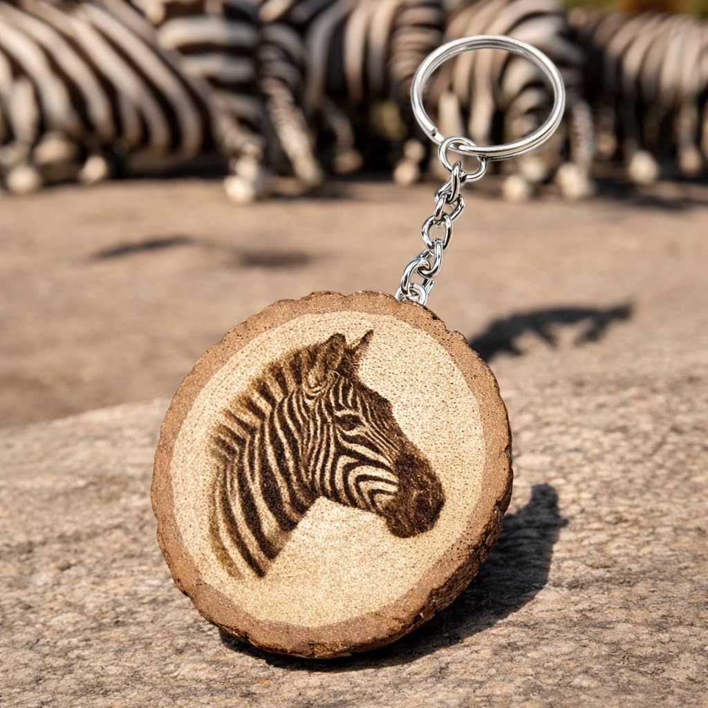 Promotech Majestätisches Zebra Handgefertigter Lasergravierter Einzelstück Schlüsselanhänger aus Holz – Tiermotiv, Naturholz, Geschenkidee für Safari- und Tierliebhaber