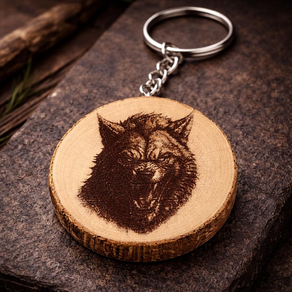 Portachiavi in legno inciso al laser Lupo Mannaro